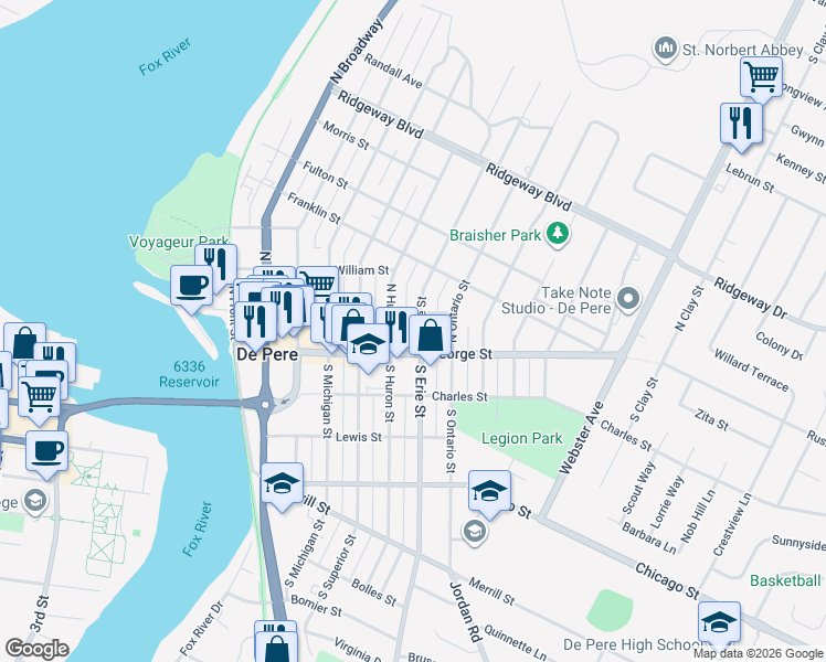 map of restaurants, bars, coffee shops, grocery stores, and more near 121 North Erie Street in De Pere