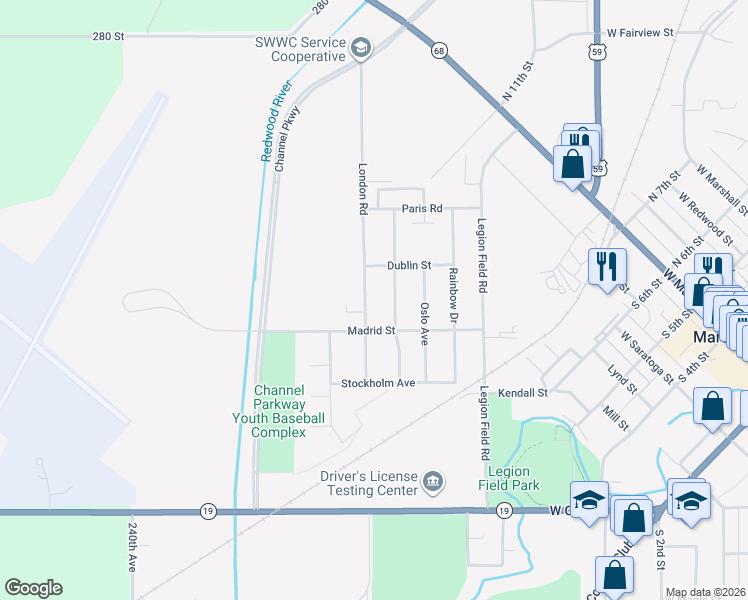 map of restaurants, bars, coffee shops, grocery stores, and more near 221 London Road in Marshall