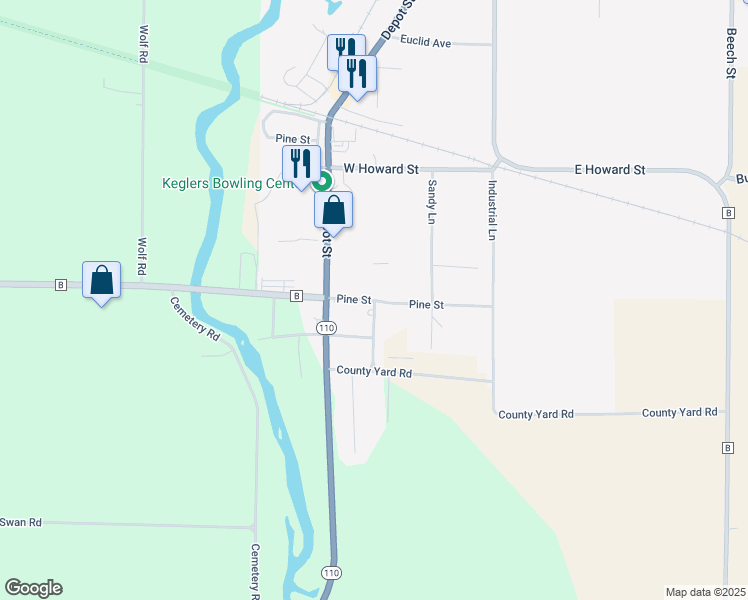 map of restaurants, bars, coffee shops, grocery stores, and more near 380 Pine Street in Manawa