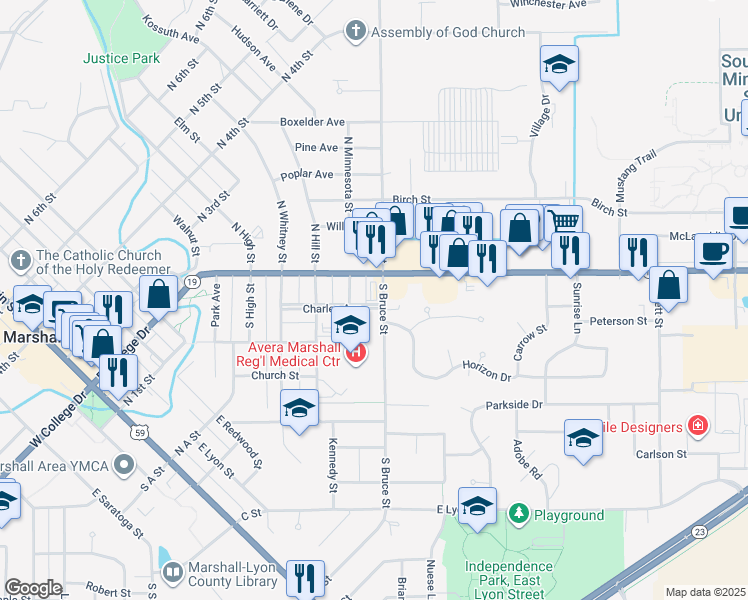 map of restaurants, bars, coffee shops, grocery stores, and more near 603 Charles Avenue in Marshall