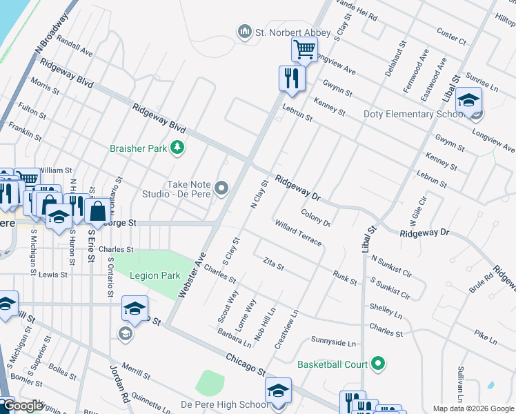 map of restaurants, bars, coffee shops, grocery stores, and more near 618 North Clay Street in De Pere