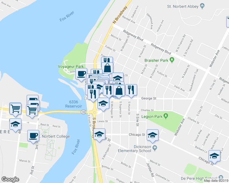 map of restaurants, bars, coffee shops, grocery stores, and more near 120 North Michigan Street in De Pere