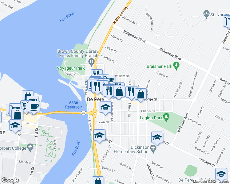 map of restaurants, bars, coffee shops, grocery stores, and more near 120 North Michigan Street in De Pere