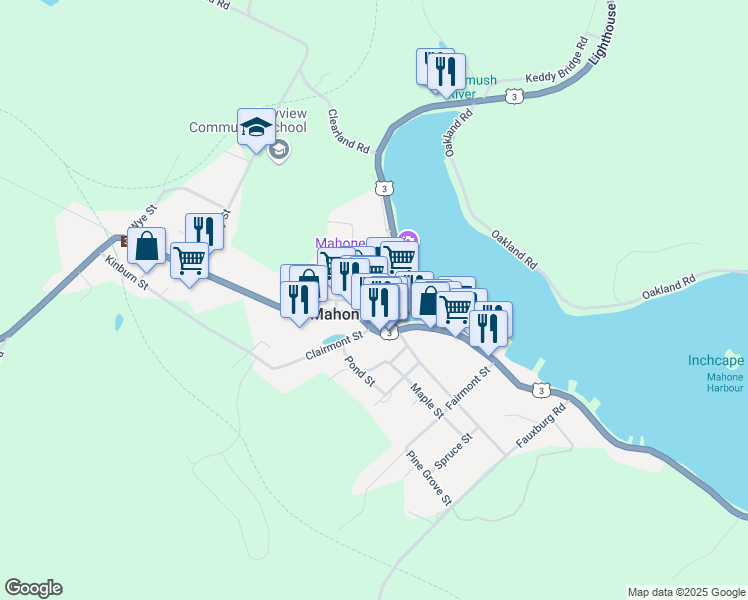 map of restaurants, bars, coffee shops, grocery stores, and more near 15 Edgewater Street in Mahone Bay