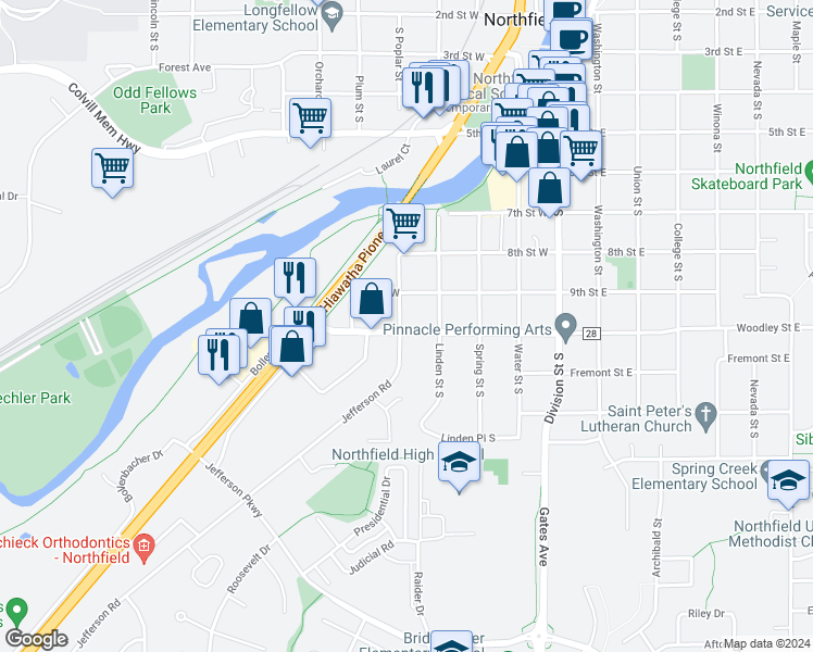 map of restaurants, bars, coffee shops, grocery stores, and more near 917 Poplar Street in Northfield