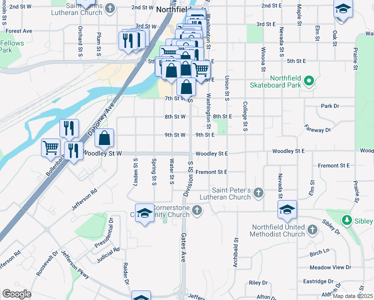 map of restaurants, bars, coffee shops, grocery stores, and more near 918 Division Street South in Northfield