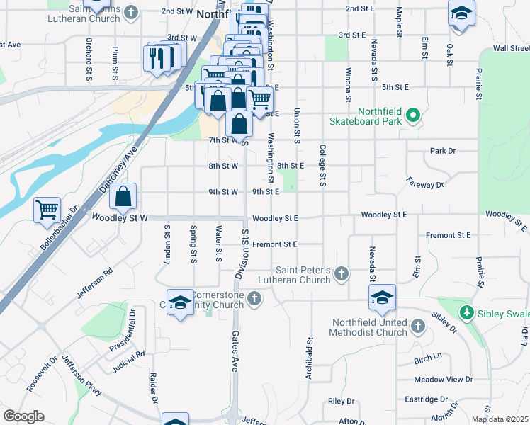 map of restaurants, bars, coffee shops, grocery stores, and more near 918 Washington Street in Northfield