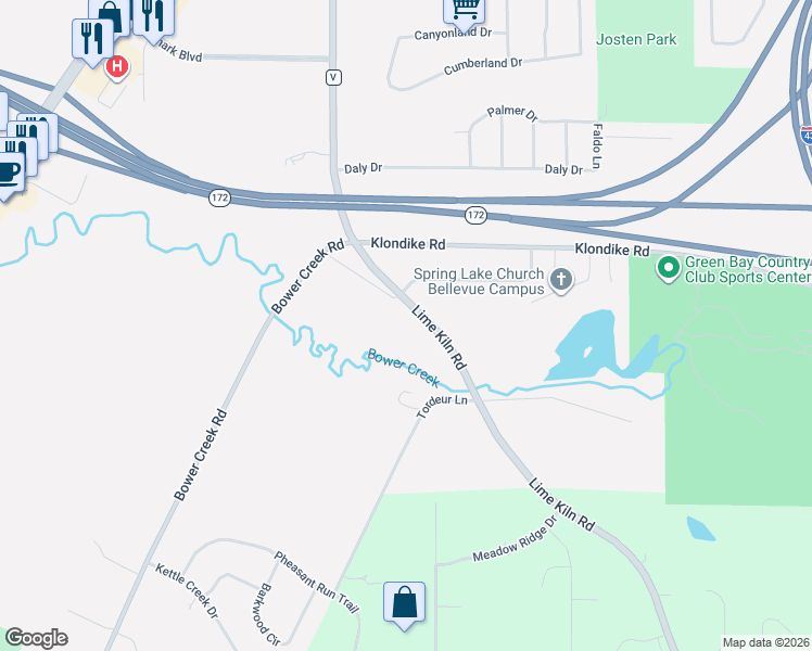 map of restaurants, bars, coffee shops, grocery stores, and more near 2820 Lime Kiln Road in Green Bay
