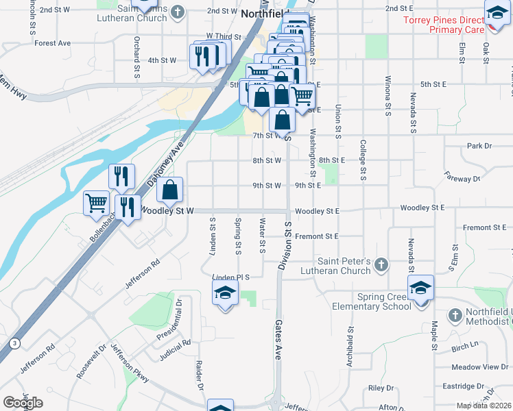 map of restaurants, bars, coffee shops, grocery stores, and more near 918 Water Street South in Northfield