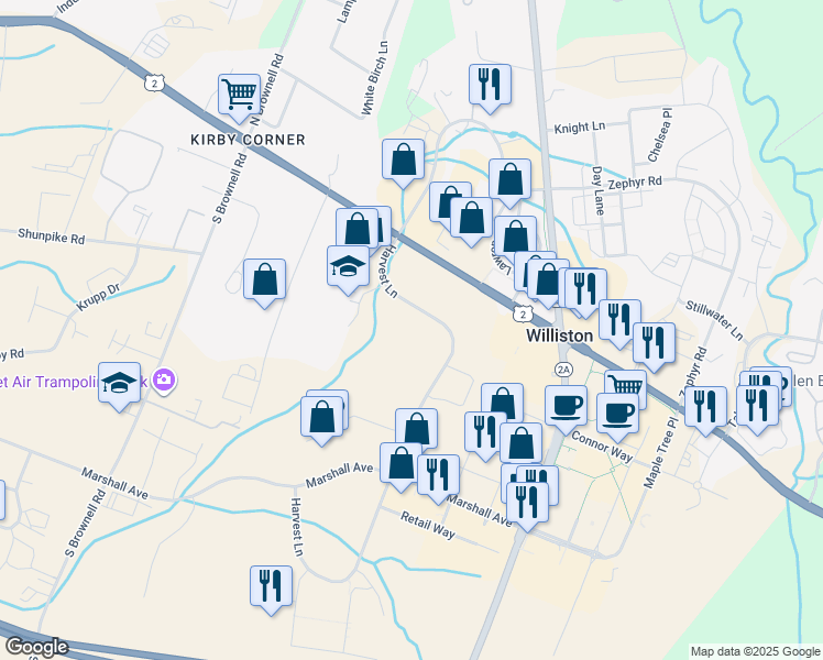 map of restaurants, bars, coffee shops, grocery stores, and more near 188 Harvest Lane in Williston