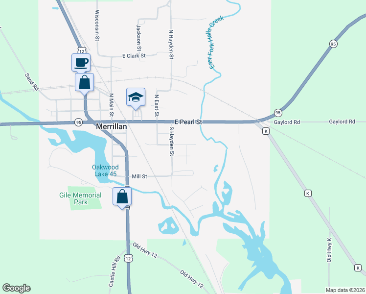 map of restaurants, bars, coffee shops, grocery stores, and more near 506 East Center Street in Merrillan