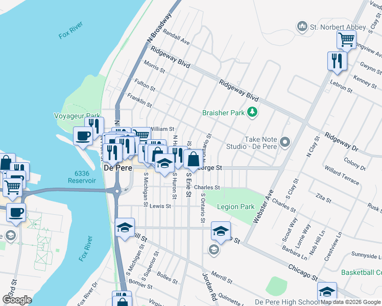 map of restaurants, bars, coffee shops, grocery stores, and more near 121 North Erie Street in De Pere