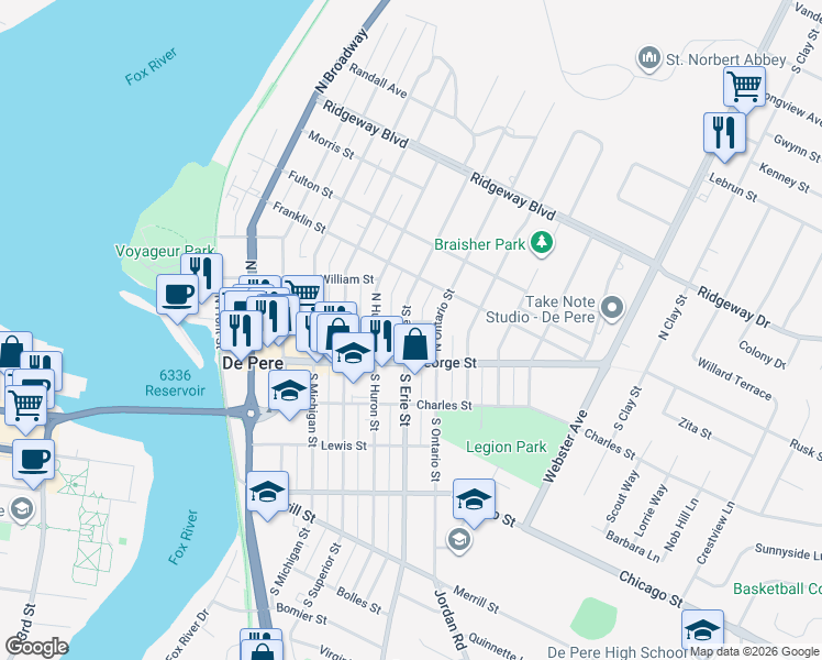 map of restaurants, bars, coffee shops, grocery stores, and more near 121 North Erie Street in De Pere