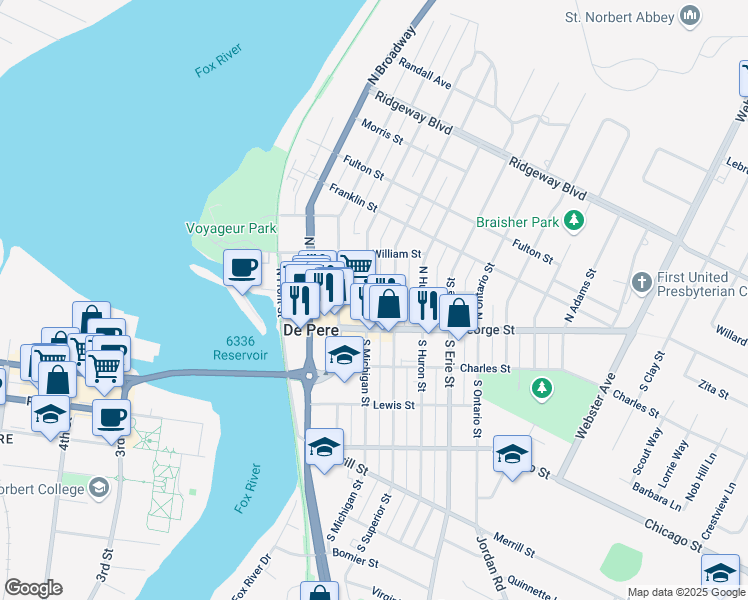 map of restaurants, bars, coffee shops, grocery stores, and more near 120 North Michigan Street in De Pere