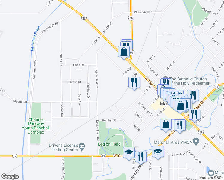 map of restaurants, bars, coffee shops, grocery stores, and more near 220 South 8th Street in Marshall