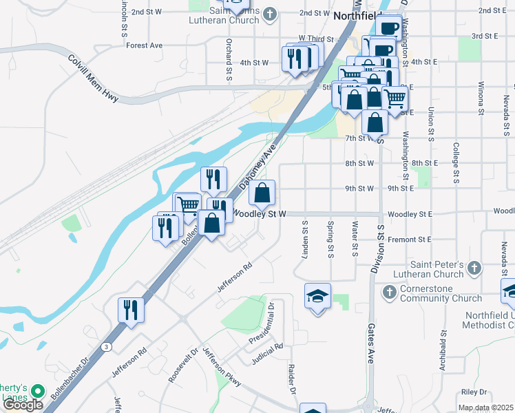 map of restaurants, bars, coffee shops, grocery stores, and more near 500 Woodley Street West in Northfield