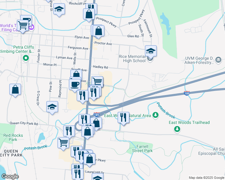 map of restaurants, bars, coffee shops, grocery stores, and more near 351 Farrell Street in South Burlington