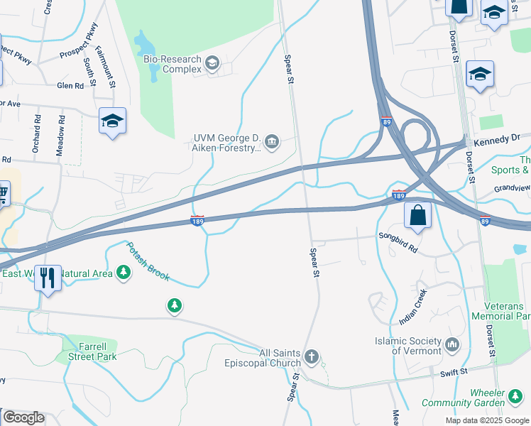 map of restaurants, bars, coffee shops, grocery stores, and more near Interstate 189 in South Burlington