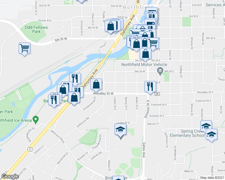 map of restaurants, bars, coffee shops, grocery stores, and more near 908 Linden Street South in Northfield