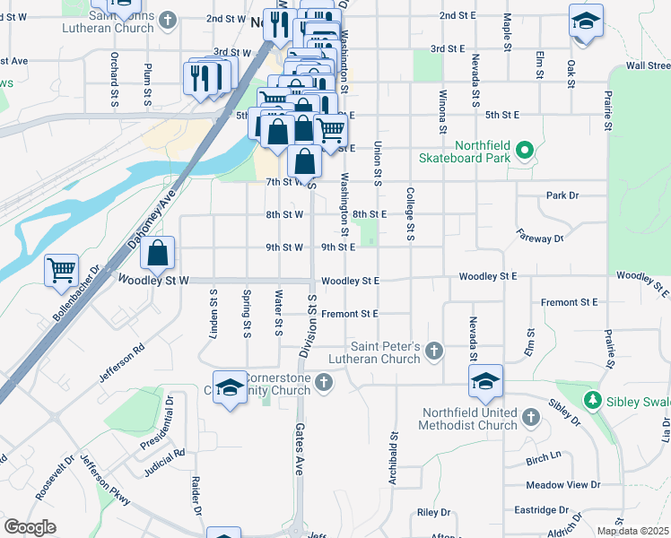 map of restaurants, bars, coffee shops, grocery stores, and more near 918 Washington Street in Northfield