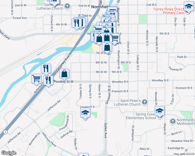 map of restaurants, bars, coffee shops, grocery stores, and more near 918 Water Street South in Northfield