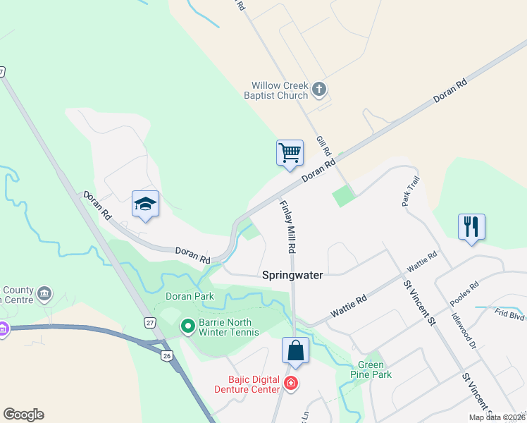 map of restaurants, bars, coffee shops, grocery stores, and more near 67 Doran Road in Springwater
