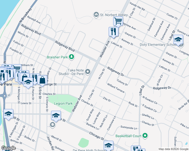 map of restaurants, bars, coffee shops, grocery stores, and more near 112 North Webster Avenue in De Pere