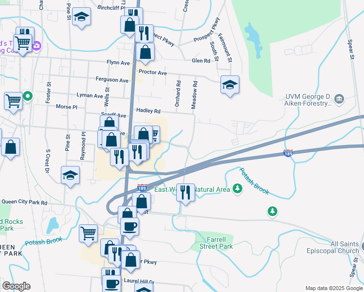 map of restaurants, bars, coffee shops, grocery stores, and more near 345 Farrell Street in South Burlington