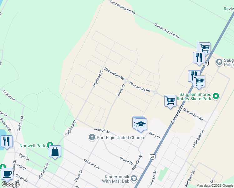 map of restaurants, bars, coffee shops, grocery stores, and more near 461 Northport Drive in Port Elgin