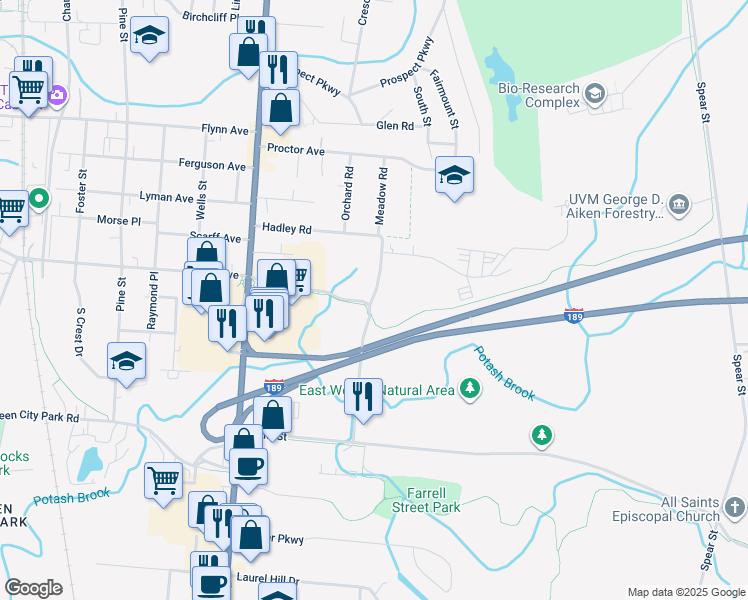map of restaurants, bars, coffee shops, grocery stores, and more near 38 Eastwood Drive in South Burlington