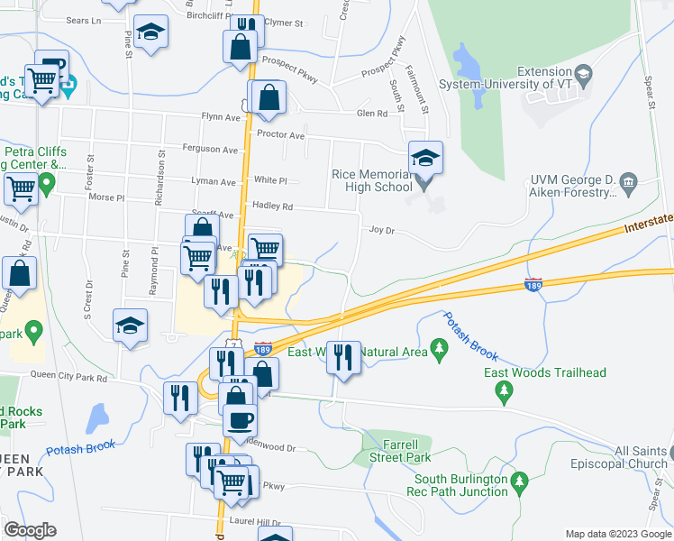map of restaurants, bars, coffee shops, grocery stores, and more near 345 Farrell Street in South Burlington