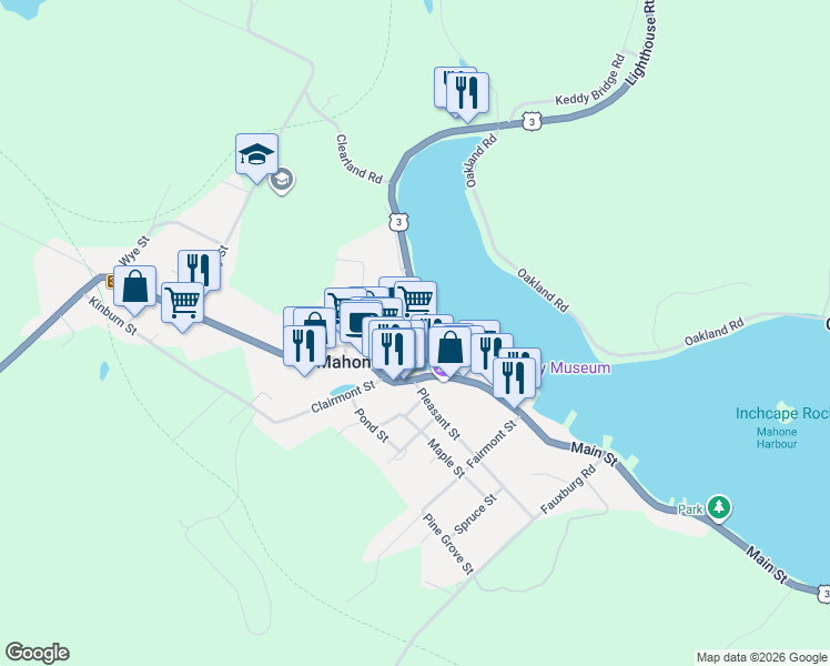 map of restaurants, bars, coffee shops, grocery stores, and more near Parish Street in Mahone Bay