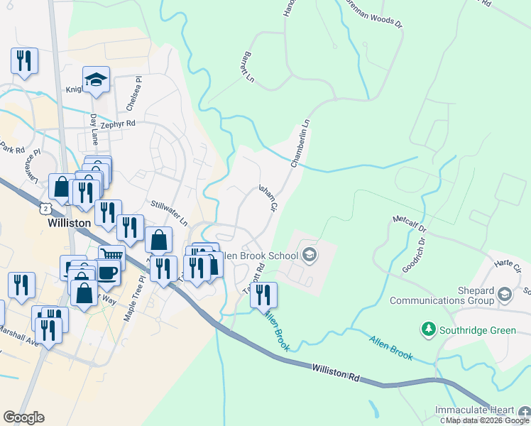 map of restaurants, bars, coffee shops, grocery stores, and more near 284 Isham Circle in Williston