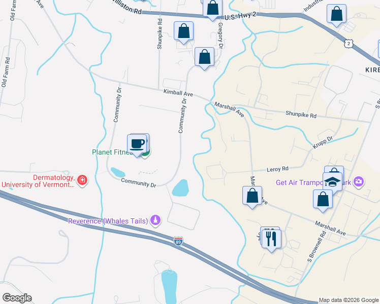 map of restaurants, bars, coffee shops, grocery stores, and more near 55 Community Drive in South Burlington