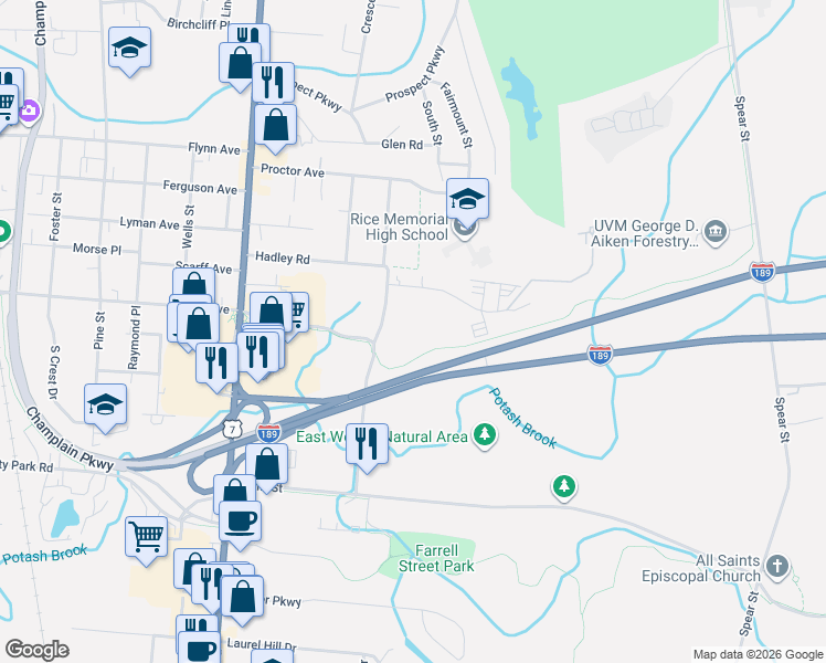 map of restaurants, bars, coffee shops, grocery stores, and more near 38 Eastwood Drive in South Burlington