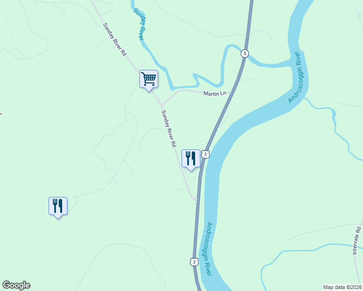 map of restaurants, bars, coffee shops, grocery stores, and more near 48 Sunday River Road in Bethel