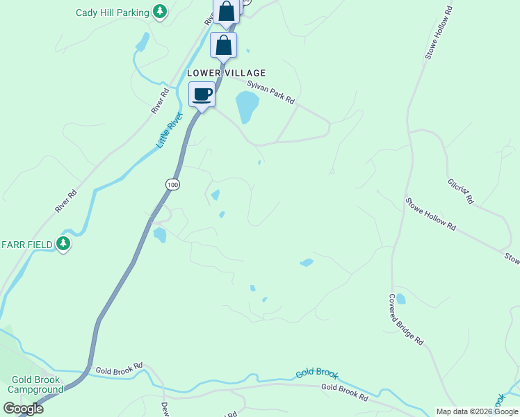 map of restaurants, bars, coffee shops, grocery stores, and more near 399 Old Farm Road in Stowe