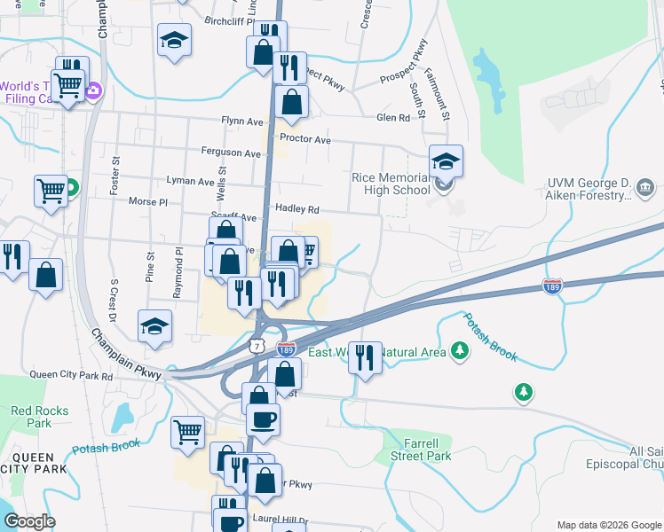 map of restaurants, bars, coffee shops, grocery stores, and more near 349 Farrell Street in South Burlington