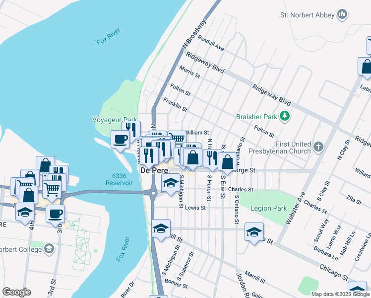 map of restaurants, bars, coffee shops, grocery stores, and more near 120 North Michigan Street in De Pere