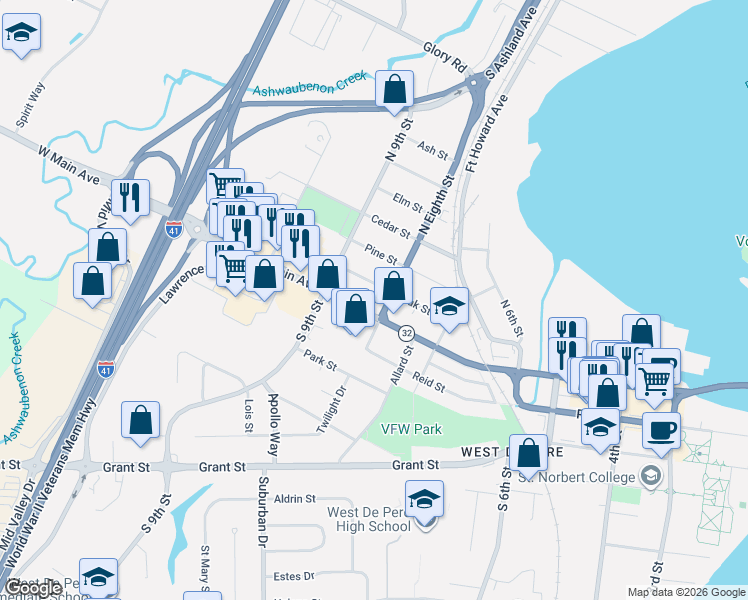 map of restaurants, bars, coffee shops, grocery stores, and more near 120 South 8th Street in De Pere