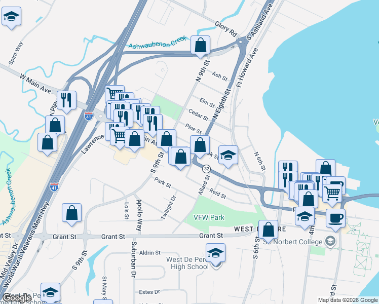 map of restaurants, bars, coffee shops, grocery stores, and more near 120 South 8th Street in De Pere