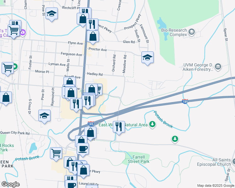 map of restaurants, bars, coffee shops, grocery stores, and more near 370 Farrell Street in South Burlington