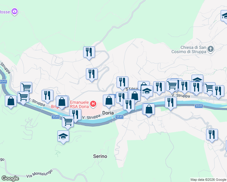 map of restaurants, bars, coffee shops, grocery stores, and more near 421 Via Rio Torbido in Genoa