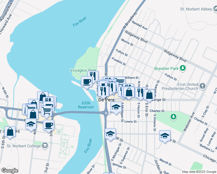 map of restaurants, bars, coffee shops, grocery stores, and more near 200 North Broadway in De Pere