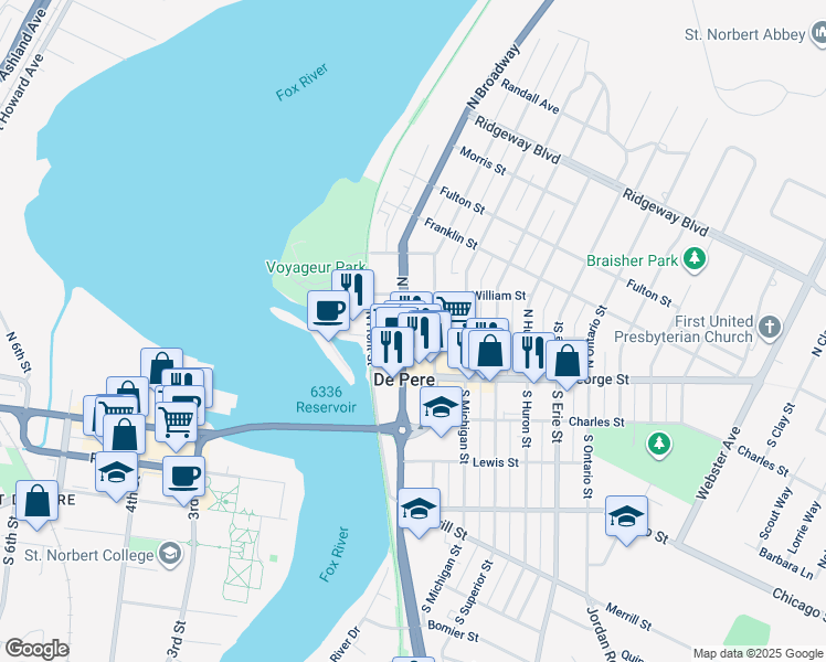 map of restaurants, bars, coffee shops, grocery stores, and more near 200 North Broadway in De Pere
