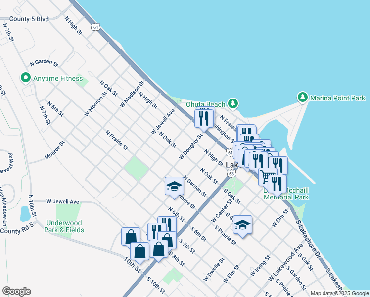 map of restaurants, bars, coffee shops, grocery stores, and more near 406 North High Street in Lake City