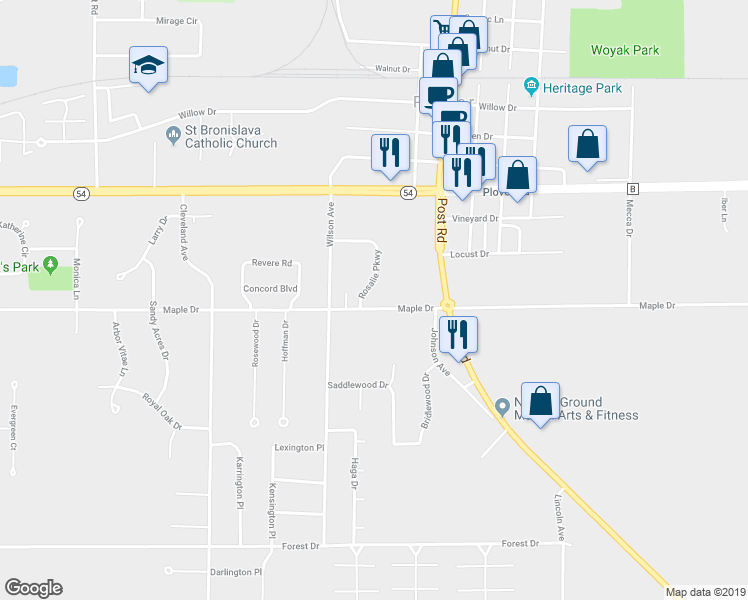 map of restaurants, bars, coffee shops, grocery stores, and more near 3150 Rosalie Parkway in Plover