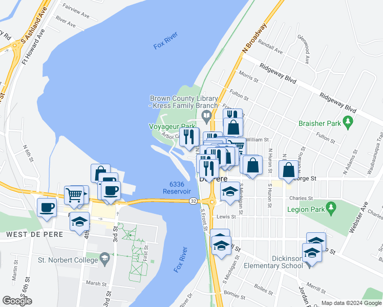 map of restaurants, bars, coffee shops, grocery stores, and more near 200 William Street in De Pere