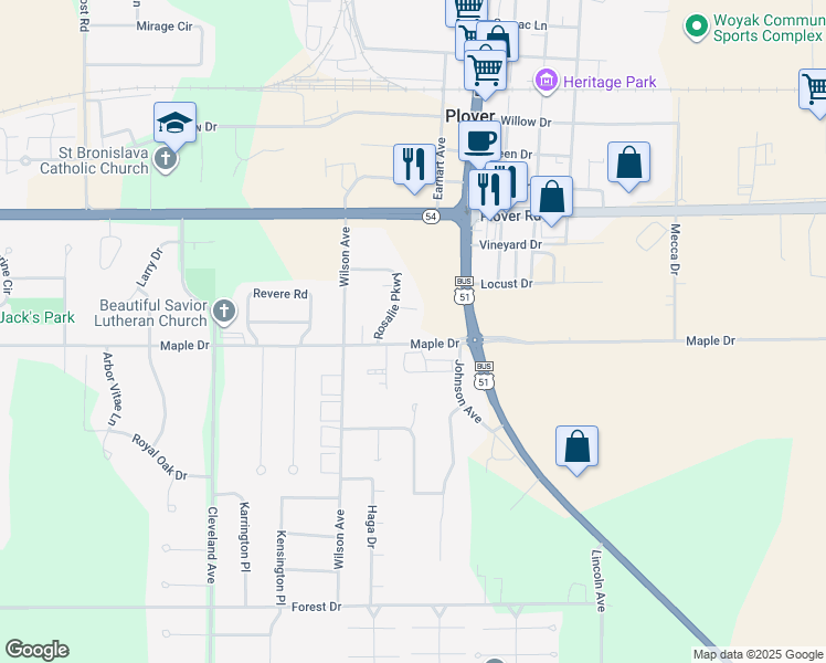 map of restaurants, bars, coffee shops, grocery stores, and more near 3111 Post Road in Plover