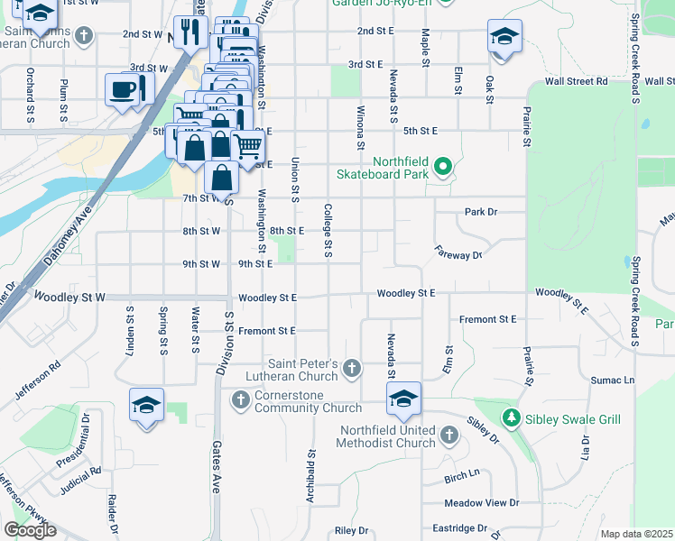 map of restaurants, bars, coffee shops, grocery stores, and more near 409 9th Street East in Northfield